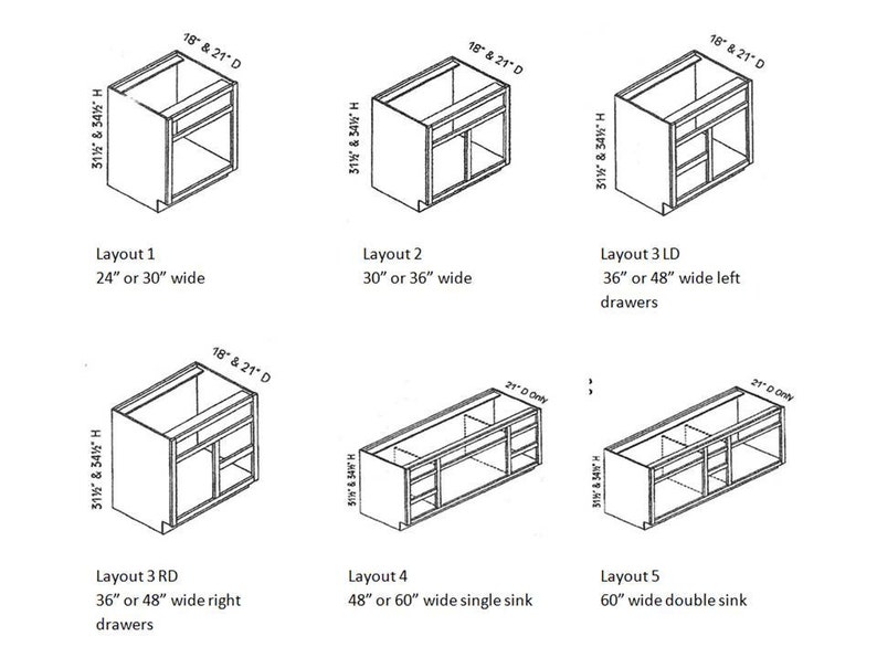 May include: Diagram showing five different layouts for kitchen cabinets with dimensions in inches. The layouts include single and double sink options, as well as left and right drawer configurations.