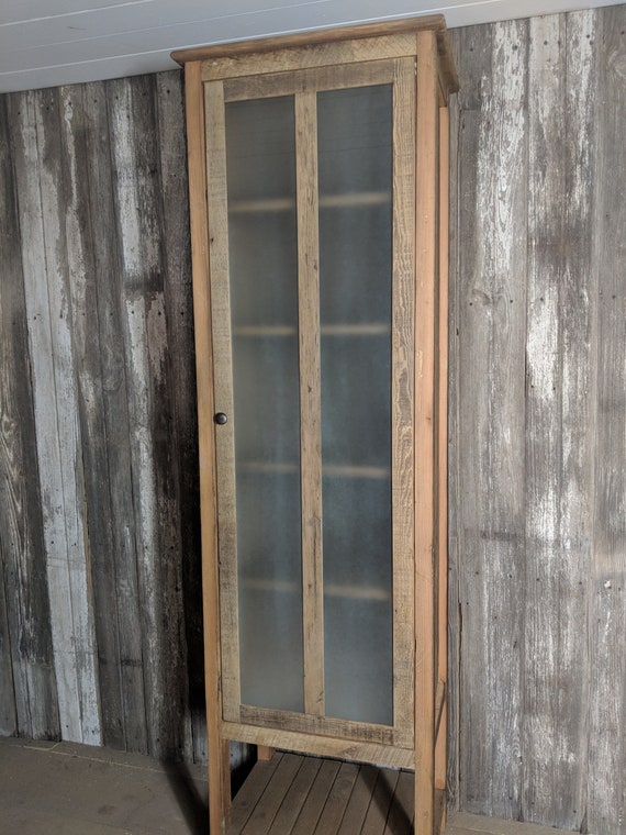 Small Rustic Old Wood Cabinet - 2 Paned Glass Doors and 4 Drawers