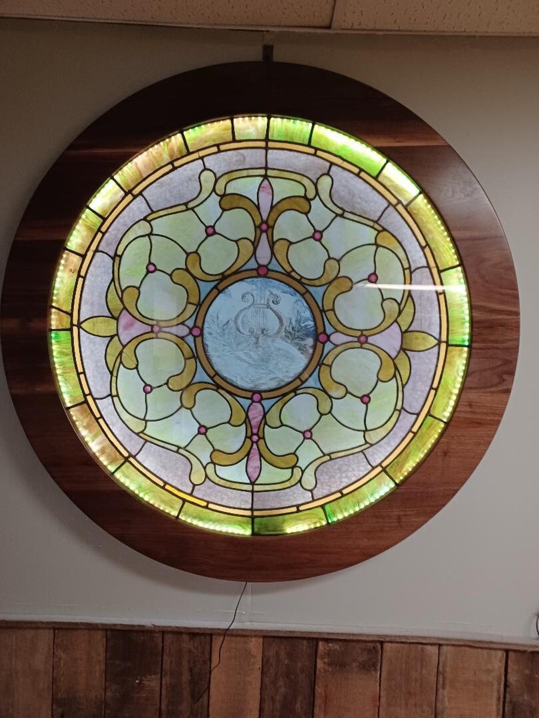 Antique Round Stained Glass Church Window With Walnut Frame and Lights