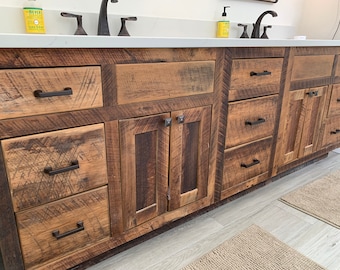 Reclaimed Barnwood large double sink vanity with storage, handmade Shaker Style, made in the United States, 84" Byrd