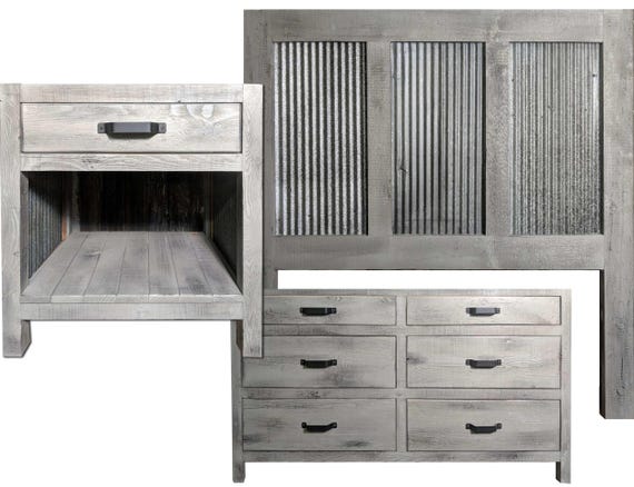 Bedroom Furniture Made of Reclaimed Barnwood Reclaimed Corrugated Metal.  Headboard, Nightstand, Dresser, Custom Made Bartley - Etsy