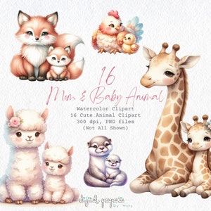 Acuarela madre y bebé animales clipart - adorable decoración de vivero arte digital, lindas ilustraciones de animales, archivos PNG para artesanía y bricolaje