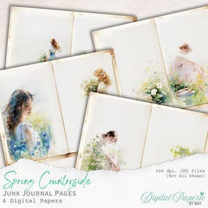 Page de journal numérique indésirable campagne printanière, scènes pastorales imprimables, 6 pages aquarelles pour travaux manuels et scrapbooking, téléchargement immédiat
