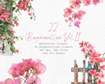 Op de afbeelding: Een digitale clipartset met 22 aquarel illustraties van roze bougainvillea bloemen. De set bevat verschillende arrangementen van de bloemen, waaronder wijnstokken, takken en individuele bloemen. De tekst "22 Bougainvillea Vol. II" is in de afbeelding opgenomen.