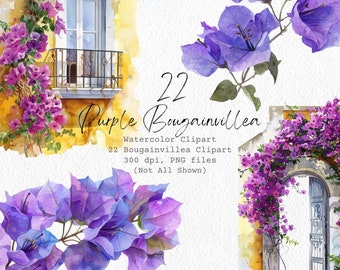 May include: A digital illustration of 22 purple bougainvillea flowers in watercolor style. The flowers are arranged in clusters and have a soft, delicate look. The text "22 Purple Bougainvillea Watercolor Clipart 22 Bougainvillea Clipart 300 dpi, PNG files (Not All Shown)" is written below the flowers.