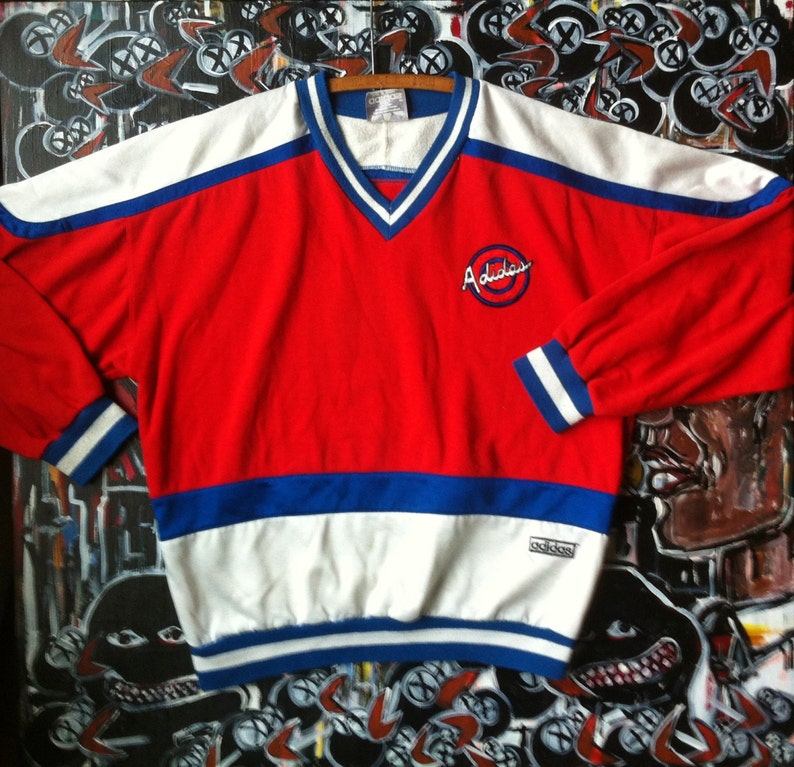 Vintage 80's ADIDAS Red White and Blue Sweatshirt V-Neck Pullover Hip Hop Retro Throwback Grunge Jersey Olympics Trefoil Shirt Crewneck
