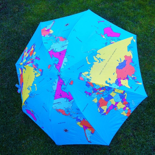 Vintage 80's World Map Print Nylon Umbrella Grunge Punk Club Kid Goth 90's Bright Full Size Collapses to 17"