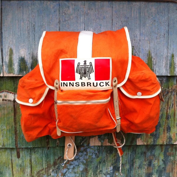 Vintage 60's Fels Tokyo Orange Canvas and Leather Rucksack Backpack Top Open Book School Bag Soft Pack Innsbruck Grunge Hippie Austria