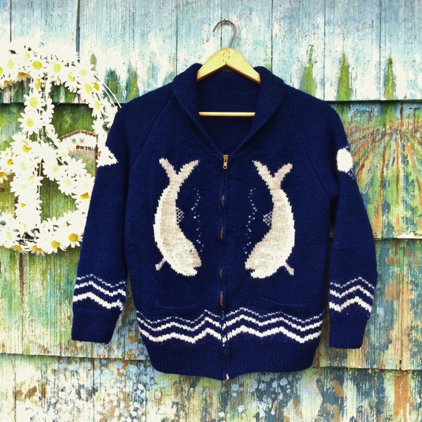 Fantastic Vintage Anglers Pride Cowichan Cardigan Wool Blend Sweater Whales Fishing Handknit Metal Zipper Navy Blue Unisex