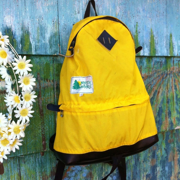 Vintage 70's North Woods Bright Yellow Nylon Teardrop Backpack Rucksack Leather Diamonds Hiking Bag Camping Grunge Punk Rare Made in Japan