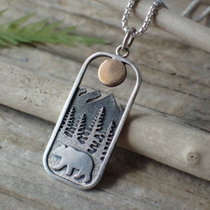 Sterling Silver Mixed Metal Bear Landscape Necklace made from Recycled Silver