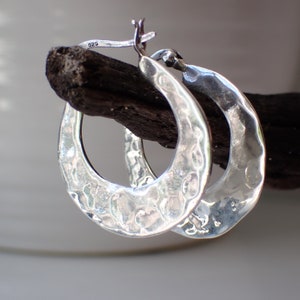 One Side Hammered Sterling Silver Hoop Earrings