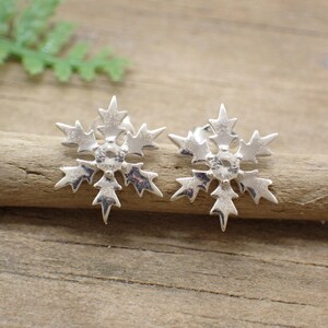 Recycled Sterling Silver Snowflake Stud Earrings with Crystal Center
