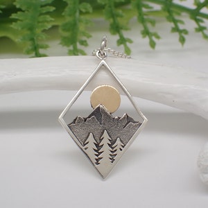 Sterling Silver Mountain Range Forest Landscape Charm with Bronze Moon made from Recycled Silver