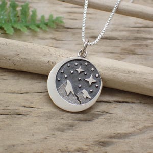 Sterling Silver Crescent Moon with Snowy Mountain Range and Starry Sky Charm made from Recycled Silver