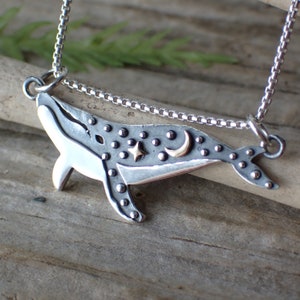 Sterling Silver Two Tone Celestial Whale Charm Necklace made from Recycled Sterling Silver