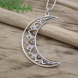Sterling Silver Mandala Crescent Moon Necklace made from Recycled Silver