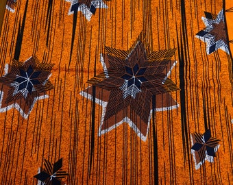 Vintage Afrikanischer Java Print Baumwollstoff, Orange, Sternemuster 96cm L x 102cm
