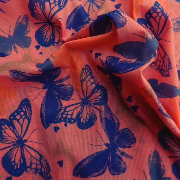 Vintage Semi-Sheer Cotton Dress Fabric Orange Blue Butterfly Design 40"L x 42"W