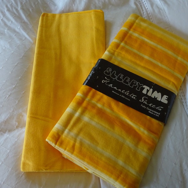 A Pair Vintage 1970's  Brushed Cotton Flannelette Double Sheet Yellow Striped and Solid