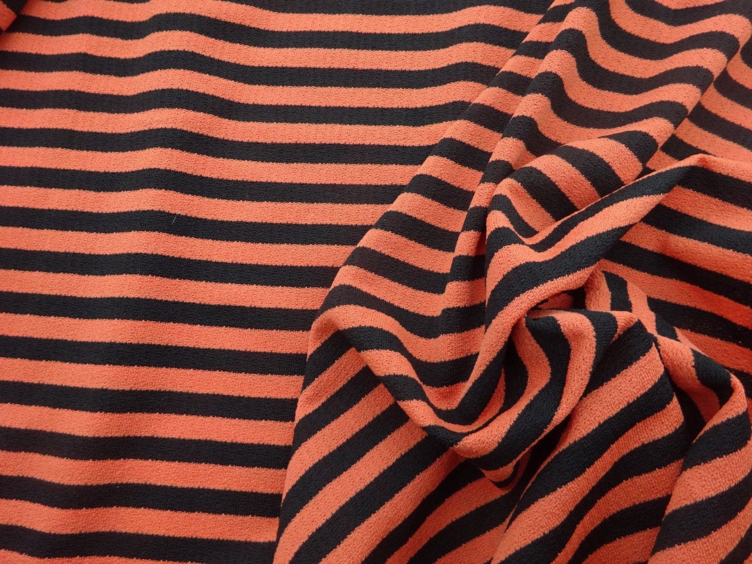 Vintage Stretchy Knitted Crepe Dress Fabric in Black Orange Stripes 39l