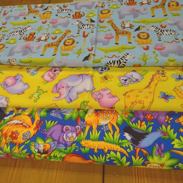 Quilting Weight Cotton Fabric Blue 'Krazy Zoo' Blue 'Jolly Jungle' or Yellow Childrens Animal Design per Metre 40"L x 44"W