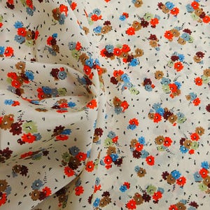 Vintage Silky Satin Dress Fabric Orange Blue Floral Bunches on Cream 36&quot;L x 44&quot;W