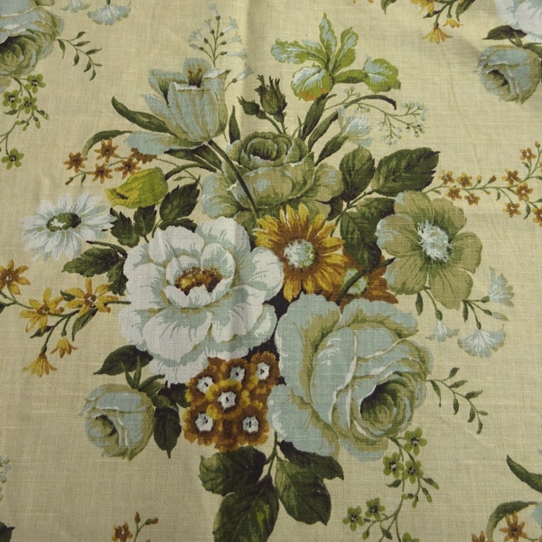 Vintage Linen Jab Stoffe Fabric 'Madame' Pale Yellow Floral Bunches 36"L x 50"W