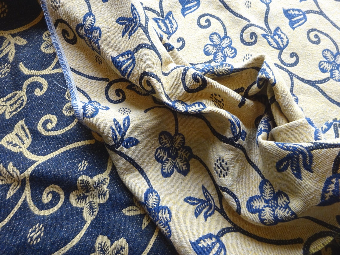 Vintage Cotton Mix Brocade Interiors Fabric Cream Blue Floral - Etsy