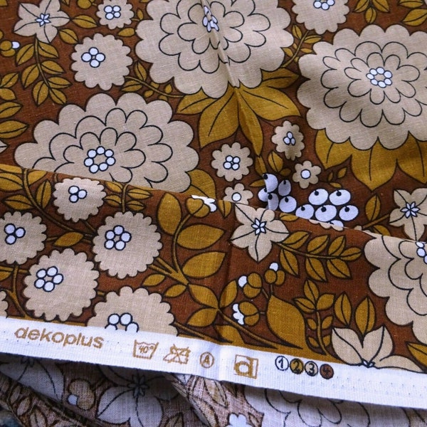Vintage 1970s Dutch Dekoplus Cotton Interiors Fabric Brown Floral 40"x 48"