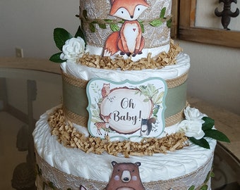 3 Tier Neutral Woodland Creatures Diaper Cake, Gender Reveal  Burlap Sage Green Baby Shower Centerpiece, Boy or Girl Gift