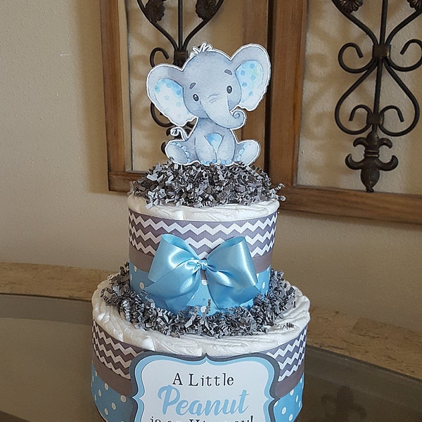 2 Tier  Blue & Gray Elephant Diaper Cake, Boy Elephant Baby Shower, Blue  Elephant Centerpiece, Little Peanut, Polka Dot, Safari