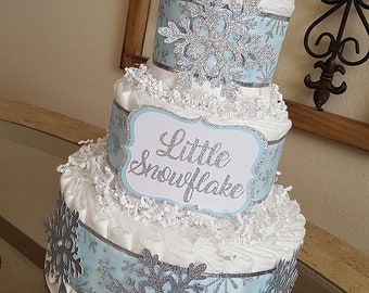 3 Tier Little Snowflake Diaper Cake, Blue Silver White Winter Wonderland Boy Diaper Cake, Baby Shower Decor Centerpiece