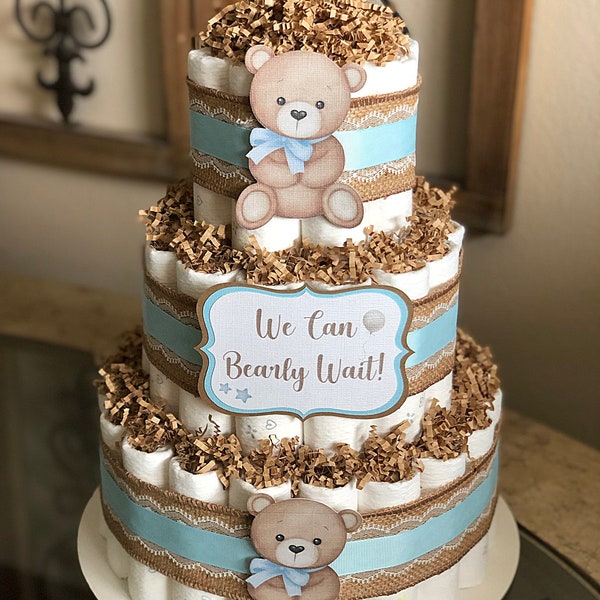 3 Tier Teddy Bear Diaper Cake, Woodland Baby Blue and Brown Bear Baby Shower, Burlap, Rustic, Shabby, Centerpiece, Light Blue, Baby Boy,