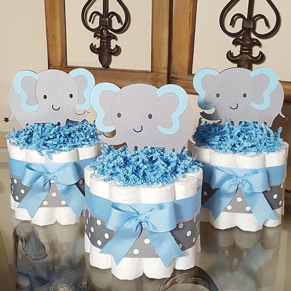 Set Of 3  Blue And Gray Elaphant Mini Diaper Cake Baby Shower Centerpiece