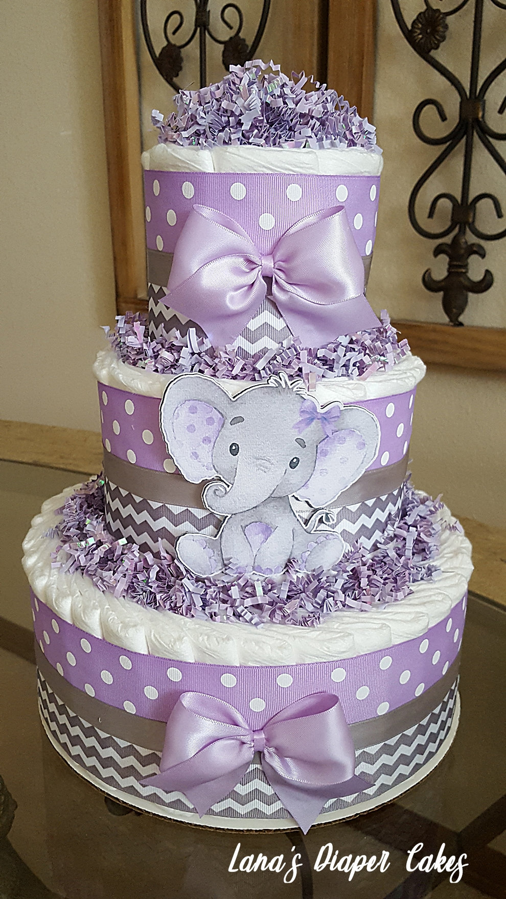 Tier Lavender Gray Elephant Diaper Cake, Girl Baby Shower Centerpiece