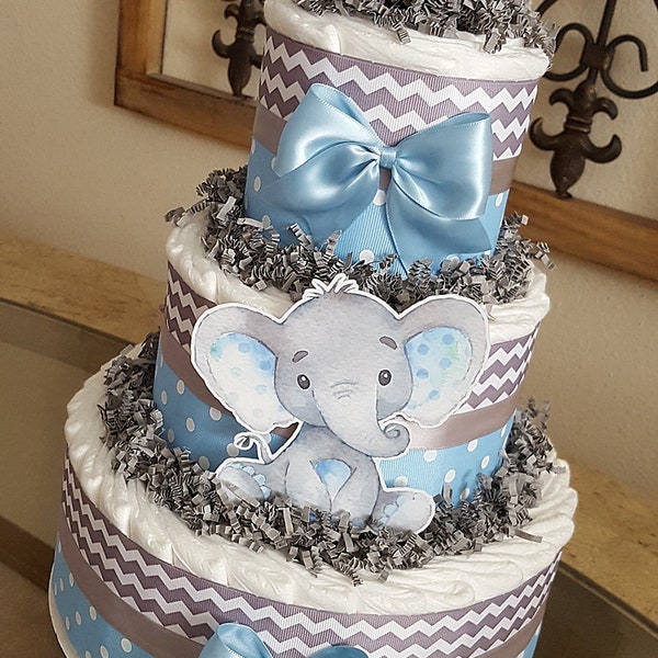 Blue And Gray Diaper Cake,  Baby Shower Gift, Baby Shower Centerpiece Decor,  Baby Boy, Blue/Grey Elephant 3 Tier