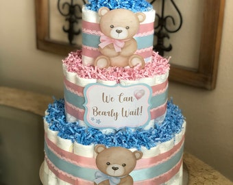 3 Tier Gender Revealing Diaper  Cake, Pink And Blue Teddy Bear  Diaper Cake, Boy Or Girl  Baby Shower Centerpiece