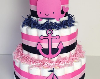 3 Tier Hot Pink & Navy Nautical Diaper Cake Baby Shower Centerpiece