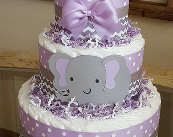 3 Tier Lavender & Gray Elephant Diaper Cake, Girl Baby Shower Centerpiece