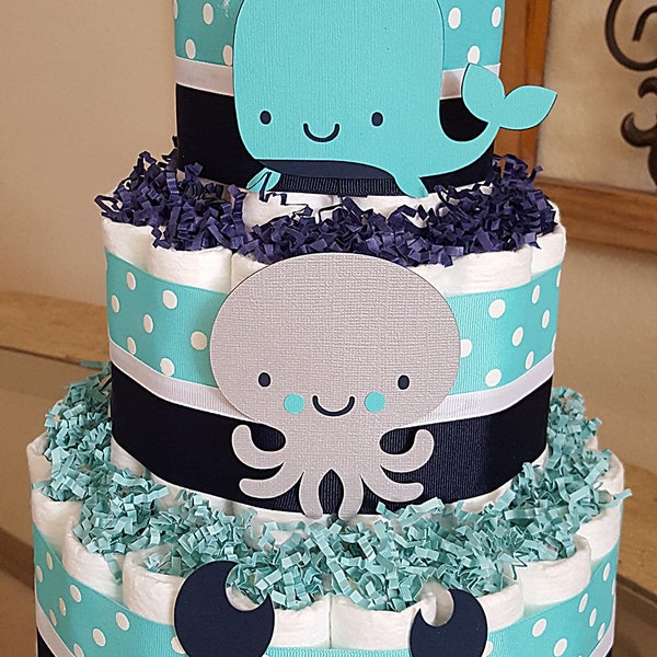 3 Tier Navy Blue & Teal Under The Sea Diaper Cake,  Baby Shower Centerpiece,