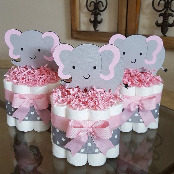 SET OF 3 Pink And Gray Elephant Mini Diaper cake, Baby Shower Centerpiece