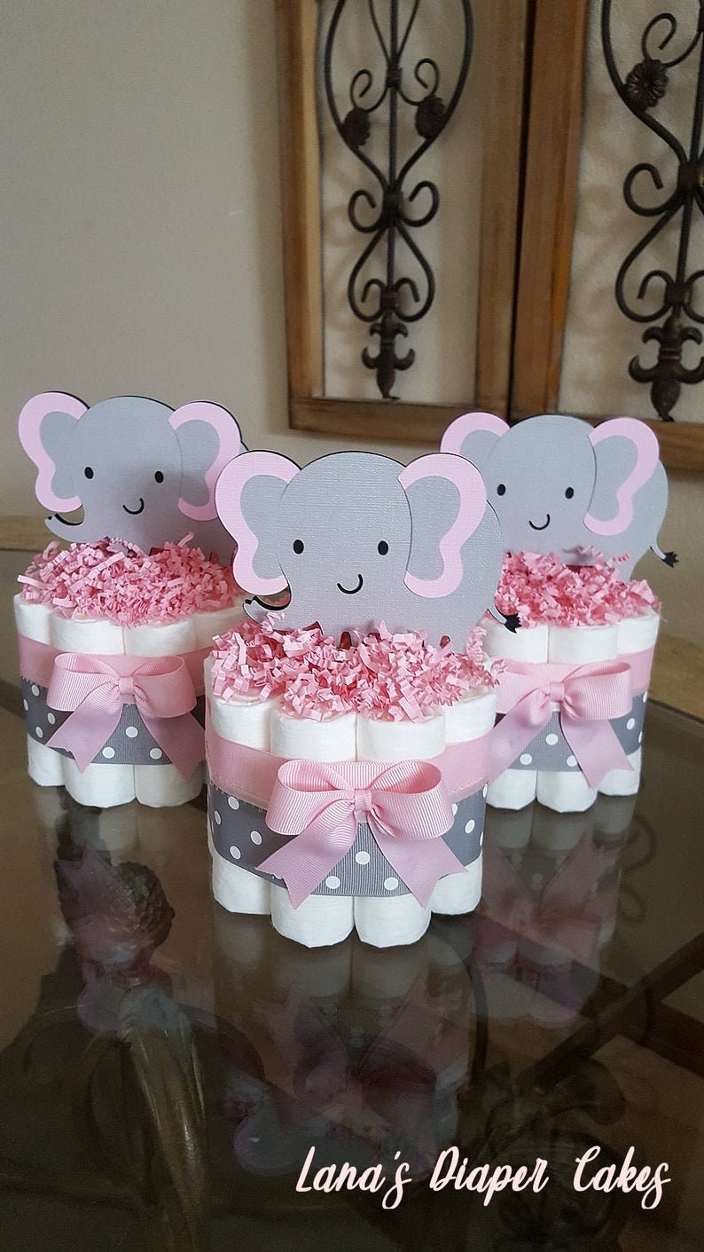 SET OF 3 Pink And Gray Elephant Mini Diaper cake Baby Shower Centerpiece