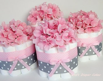 FOUR Gray  And Pink  Flowers Mini Diaper Cake Baby Shower Centerpiece