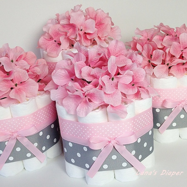 FOUR Gray  And Pink  Flowers Mini Diaper Cake Baby Shower Centerpiece