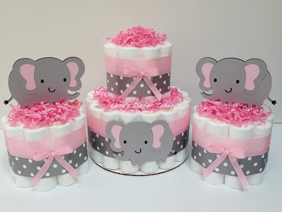 pink and grey elephant diaper cake