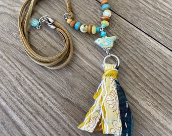 Mini Kantha Fabric Tassel Necklace - Chirp