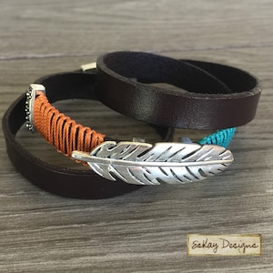 Leather Wrap Bracelet - Teal and Copper Feather