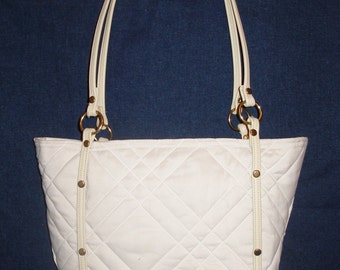 Off White Neutral Beige Quilted Fabric Trapezoid Tote Carry All Bag