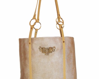 Gold Textured Vegan Leather Sturdy Tote Carry All Bag